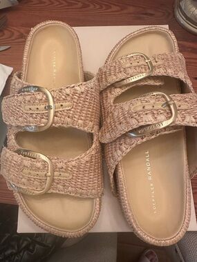 Loeffler Randall Woven Double-Buckle Slide Sandals in Tan